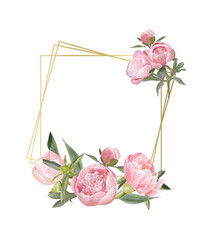 Watercolor pink peony with gold polygonal frame, floral frame for wedding design, logo, template 