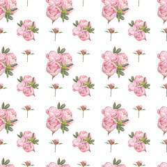 Watercolor pink peony seamless pattern on white background for decorative paper, fabric and other design 