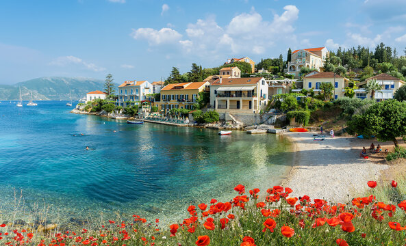 Landscape witn Fiskardo village and Zavalata beach on Kefalonia, Ionian island, Greece