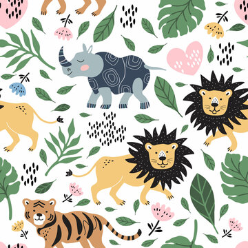 Seamless pattern with cute cartoon animals. Tropical plants, tigers, rhinoceros, lions.