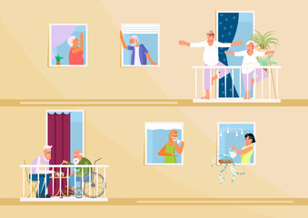 Elderly Men and women neighbours make friends at home