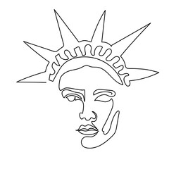 One line Statue of Liberty face.  Minimalist continuous linear vector illustration. Patriotic modern wall art.