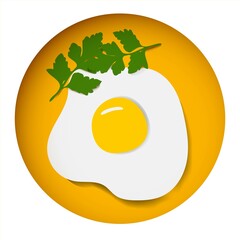 Healthy breakfast. Scrambled eggs with parsley . Paper cut vector illustration.