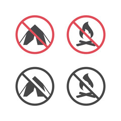 No camping vector symbol. No fire and No open flames red prohibition signs. 