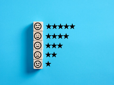 Happy sad and neutral faces with rating stars on blue background. Customer satisfaction or client evaluation and review