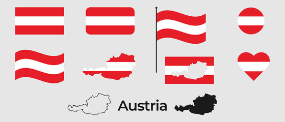 Flag of Austria. Silhouette of Austria. National symbol. Square, round and heart shape. The symbol of the Austria flag.