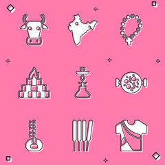 Set Cow, India map, Rosary beads religion, Yagna, Hookah, Chicken tikka masala, Sitar and Aroma sticks, incense icon. Vector