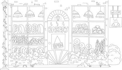 Vector coloring shop window with pastries, bread, croissants, rolls, donuts, baguettes.