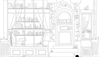 Vector coloring book, facade, showcase of a bookstore, library, reading room, large window, a bird sits on the roof