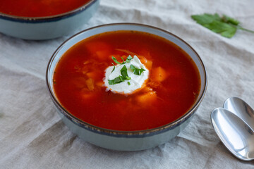 Homemade Borscht Soup with Horseradish Sauce in a Bowl, side view.