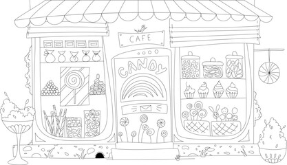 Vector coloring book showcase with sweets, candies, jars of jam