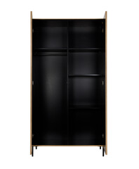 Open wooden furniture wardrobe freestanding on a white clipped isolated background