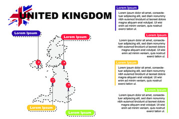 United Kingdom travel location infographic, tourism and vacation concept, popular places of United Kingdom, country graphic vector template, designed map idea, sightseeing destinations