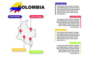 Colombia travel location infographic, tourism and vacation concept, popular places of Colombia, country graphic vector template, designed map idea, sightseeing destinations