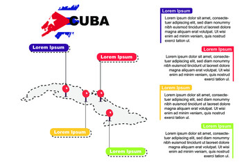 Cuba travel location infographic, tourism and vacation concept, popular places of Cuba, country graphic vector template, designed map idea, sightseeing destinations
