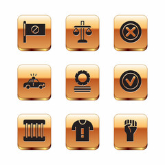 Set Protest, Prison window, T-shirt protest, Lying burning tires, Police car and flasher, X Mark, Cross circle, Raised hand with clenched fist and Scales of justice icon. Vector