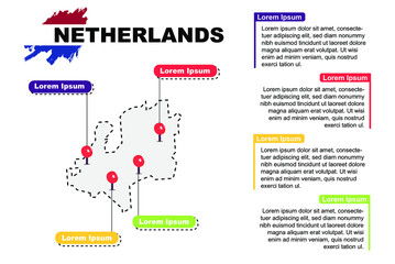 Netherlands travel location infographic, tourism and vacation concept, popular places of Netherlands, country graphic vector template, designed map idea, sightseeing destinations