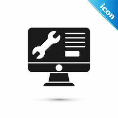 Grey Computer monitor with wrench icon isolated on white background. Adjusting, service, setting, maintenance, repair. Vector