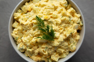 Homemade Egg Salad with Dill in a Bowl, top view. Flat lay, overhead, from above. Close-up.