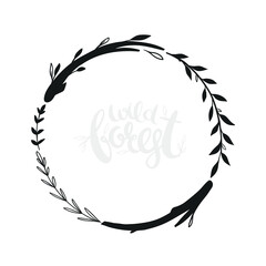 Vector rustic wreath. Round floral wreath with sticks and leaves.  