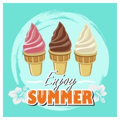 Summer celebration theme vector design. Sweet symbol of summer ice cream cone, with three color variants, brown, pink, white. With the text 