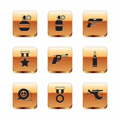 Set Hand grenade, Peace, Military reward medal, Pistol or gun, Helicopter and icon. Vector