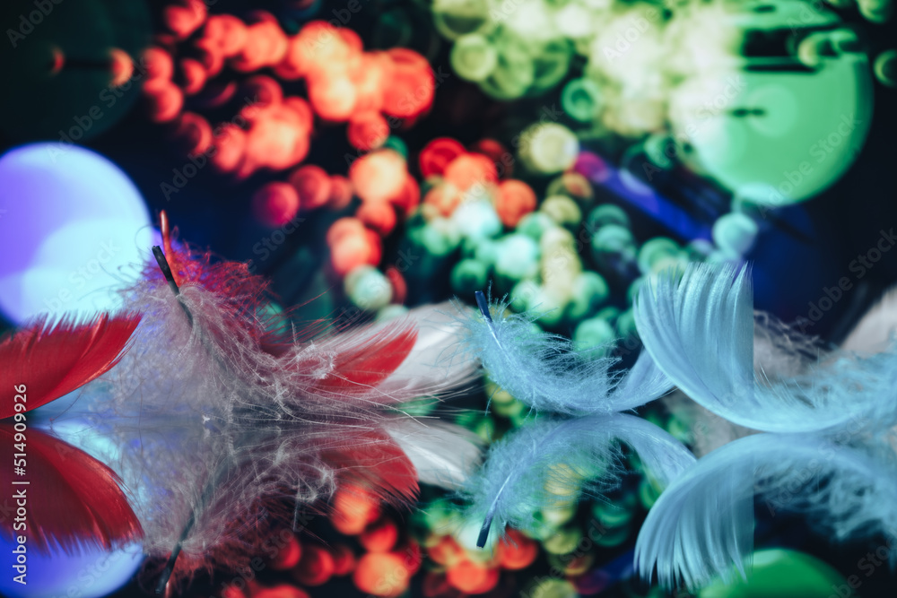 Aufkleber Beautiful Bird feathers on a bokeh background.  Pattern background for design texture.  Macro view photography.