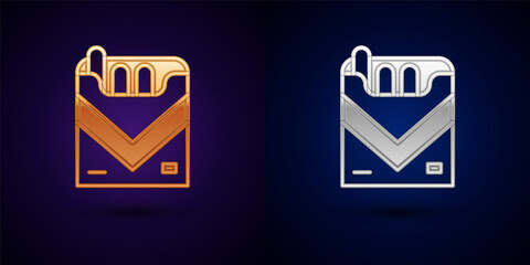 Gold and silver Cigarettes pack box icon isolated on black background. Cigarettes pack. Vector
