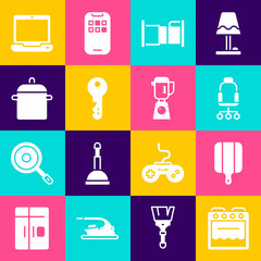Set Oven, Cutting board, Office chair, Bed, House key, Cooking pot, Laptop and Blender icon. Vector
