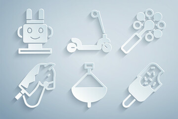 Set Whirligig toy, Rattle baby, Toy horse, Ice cream, Roller scooter and Robot icon. Vector