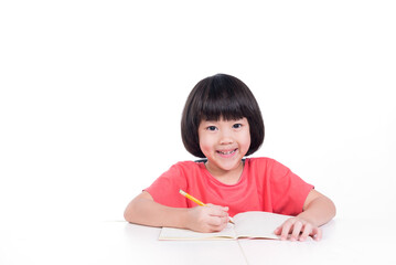 girl doing homework, kid writing paper, education concept, back to school
