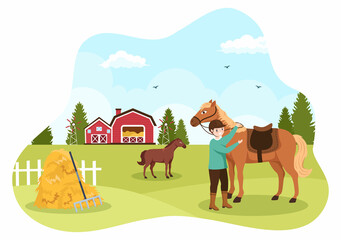 Horse Riding Cartoon Illustration with Cute People Character Practicing Horseback Ride or Equestrianism Sports in the Green Field