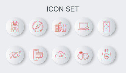 Set line Weight pounds, Invisible or hide, Medical hospital building, Wedding rings, Wind rose, NFC Payment and Cloud download icon. Vector