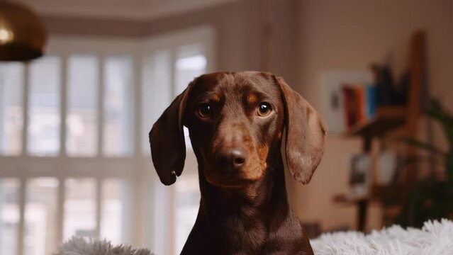 cute brown puppy sitting on couch