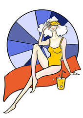 fashion illustration pinup cartoon style woman on beach pose sitting in swimsuit theme vacation bright colors close up