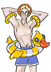 fashion illustration cartoon style man pose standing on the beach relaxing with swim ring duck theme vacation and swimming bright colors closeup