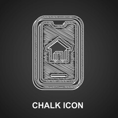 Chalk Online real estate house on smartphone icon isolated on black background. Home loan concept, rent, buy, buying a property. Vector