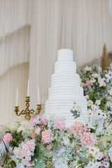 Fototapeta na wymiar Beautiful wedding cake with blur background 