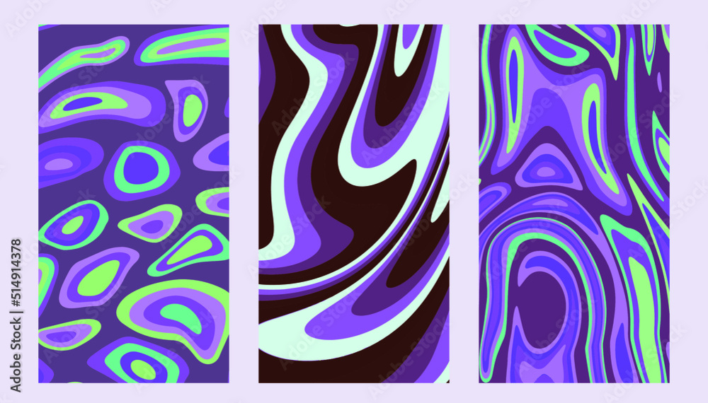 Poster Set of hippie retro posters with melting and distorting shapes.