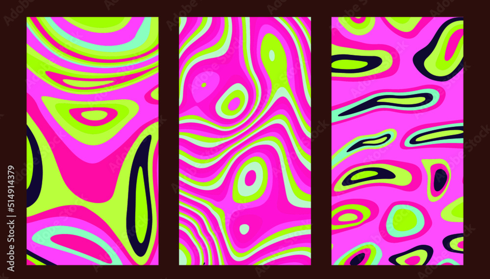 Poster set of hippie retro posters with melting and distorting shapes.