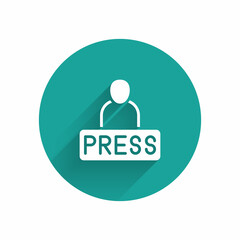White Journalist news reporter icon isolated with long shadow background. Green circle button. Vector