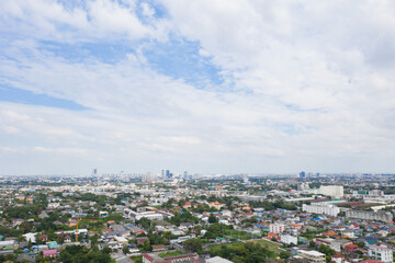 Fototapeta premium Aerial city view from flying drone at Nonthaburi, Thailand, top view of the city 