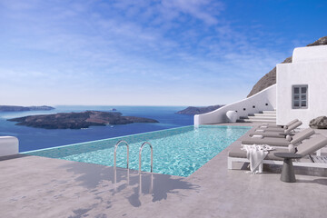 3d render of a swimming pool in a hotel in Santorini, a Greek island in Aegean , a summer relaxed holiday concept - obrazy, fototapety, plakaty