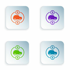 Color Electric car and electrical cable plug charging icon isolated on white background. Renewable eco technologies. Set colorful icons in square buttons. Vector