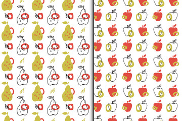 Apple, pear seamless patterns, set of 2. Colorful fruit, circle silhouettes. Hand drawn naive cartoon childish illustration, red yellow bright colour. Vector