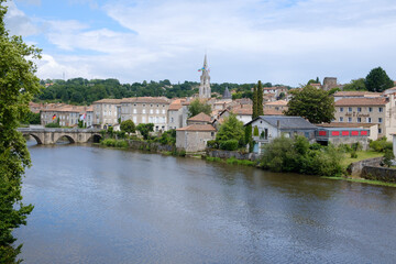 Fototapeta na wymiar general view of riverside buildings along Charente river in Confolens, Charente, Poitou-Charentes, Aquitaine, France