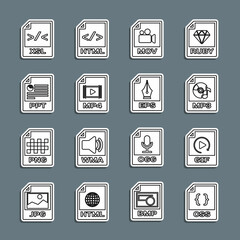 Set line CSS file document, GIF, MP3, MOV, MP4, PPT, XSL and EPS icon. Vector