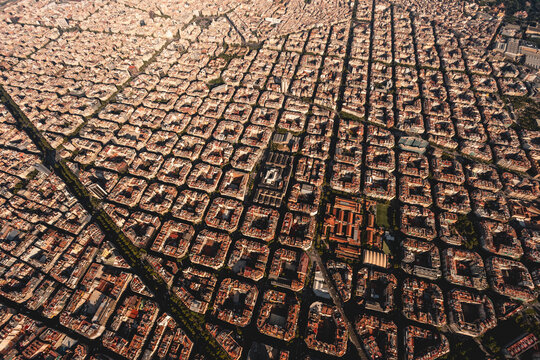 Spain, Catalonia, Barcelona, Helicopter view of densely populated residential district