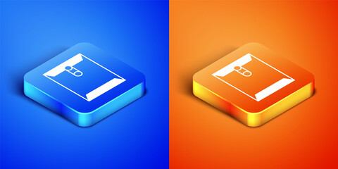 Isometric Envelope icon isolated on blue and orange background. Received message concept. New, email incoming message, sms. Mail delivery service. Square button. Vector