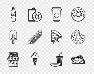 Set line Pizzeria building facade, Taco with tortilla, Coffee cup, Ice cream waffle cone, Bottle water, Hotdog sandwich, Soda hotdog and Donut icon. Vector